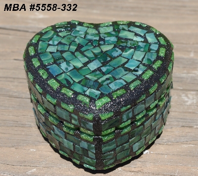 +MBA #5558-332  "Small Multi Green Stained Heart Shaped Mosaic Jewelry Trinket Box"