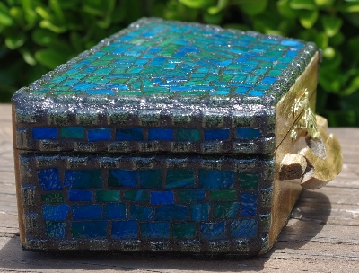 +MBA #5559-0025  "Black  & Multi Blue Green Stained Glass Purse Shaped Mosaic Jewelry Trinket Box"