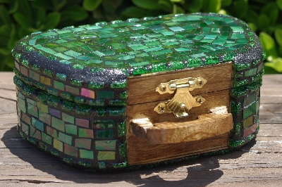 +MBA #5559-0055  "Iridescent Green Stained Glass Purse Shaped Mosaic Jewelry Trinket Box"