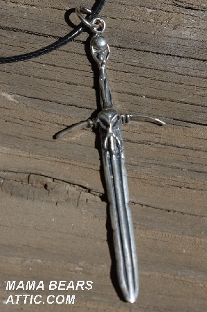 +MBA #5600-0247  "Vintage Sterling Silver Evil Angel Sword Pendant With 18" Black Waxed Cord"