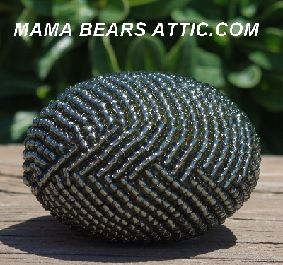+MBA #5604-302  "Gun Metal Grey Glass Seed Bead Egg With Matching Egg Cup"
