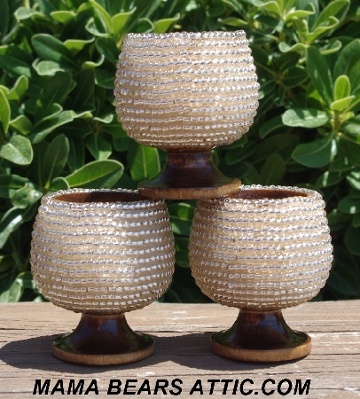 +MBA #5604-279 "Set Of 3 Silver Lined Clear Glass Seed Bead Egg Cups"