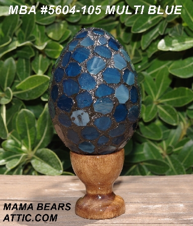 +MBA #5604-105  "Multi Blue Stained Glass Egg With Stand"
