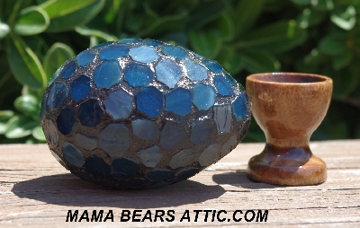 +MBA #5604-105  "Multi Blue Stained Glass Egg With Stand"