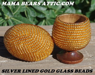 +MBA #5605-241  "Silver Lined Gold Glass Seed Bead Egg With Matching Egg Cup"