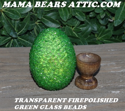 +MBA #5605-334  "Czech Firepolished Transparent Green Glass Bead Egg With Stand"