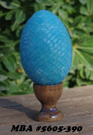 +MBA #5605-390  "Czech Aqua Blue Pillow Glass Bead Egg With Stand"