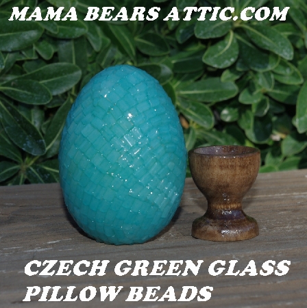 +MBA #5605-385  "Czech Green Glass Pillow Bead Egg With Stand"