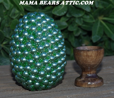 +MBA #5605-425  "1/2 Green Glass Pearls & Seed Bead Egg With Stand"