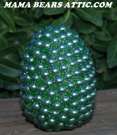 +MBA #5605-425  "1/2 Green Glass Pearls & Seed Bead Egg With Stand"
