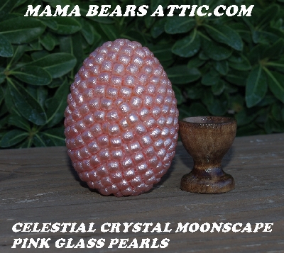 +MBA #5605-440  "Celestial Crystal Moonscape Pink Glass Pearl Egg With Stand"