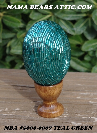 +MBA #5606-0007 "Teal Green Glass Bugle Bead Egg With Stand"