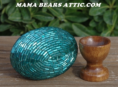 +MBA #5606-0007 "Teal Green Glass Bugle Bead Egg With Stand"