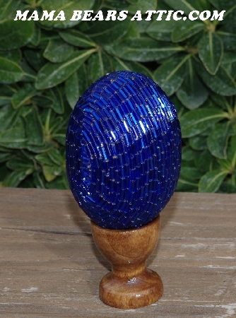 +MBA #5606-0017  "Blue Glass Bugle Bead Egg With Stand"