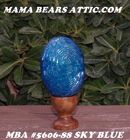 +MBA #5606-88  "Sky Blue Glass Bugle Bead Egg With Stand"