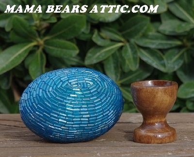 +MBA #5606-88  "Sky Blue Glass Bugle Bead Egg With Stand"