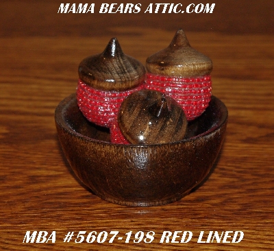 +MBA #5607-198  "Set Of 3 Red Glass Beaded Acorns & Bowl"