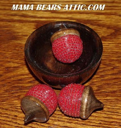 +MBA #5607-198  "Set Of 3 Red Glass Beaded Acorns & Bowl"