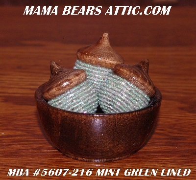 +MBA #5607-216  "Set Of 3 Mint Green Glass Beaded Acorns & Bowl"