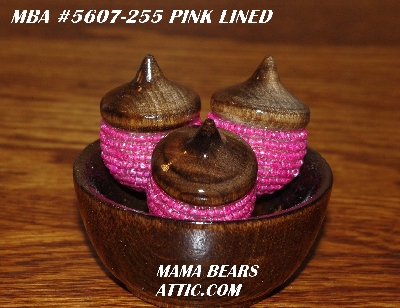 +MBA #5607-255  "Set Of 3 Pink Lined Glass Beaded Acorns With Bowl"