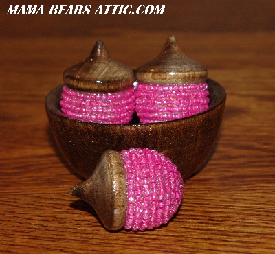 +MBA #5607-255  "Set Of 3 Pink Lined Glass Beaded Acorns With Bowl"