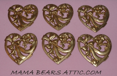 +MBA #5608-313  "Set Of (6) Large Brass Stamped Heart Shaped Embellishments