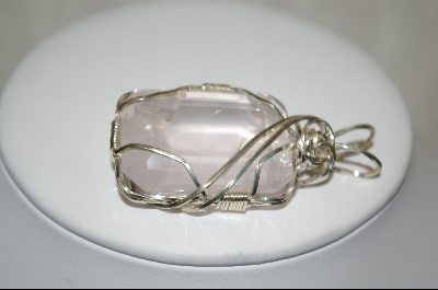 +MBA #RQ    Emerald Cut Rose Quartz Wire Wraped Sterling Pendant