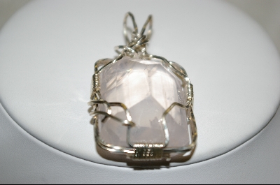 +MBA #RQ    Emerald Cut Rose Quartz Wire Wraped Sterling Pendant