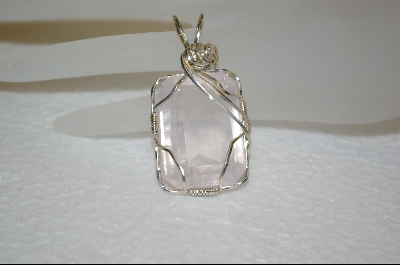 +MBA #RQ    Emerald Cut Rose Quartz Wire Wraped Sterling Pendant