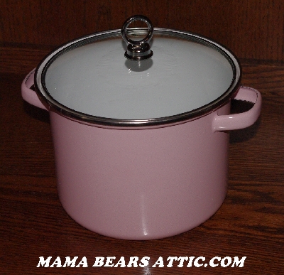 MBA# Pink19-0023    "2006 2-1/2 QT Pink & White Enameled Stock Pot With Glass Lid"