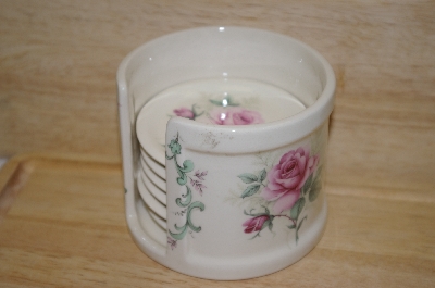 +MBA #9-280  7 Piece Pink Rose Ceramic Coaster Set