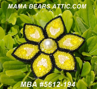MBA #5612-194  "Yellow & Black Glass Bead Flower Brooch"