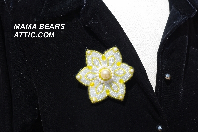 MBA #5612-0027" Yellow, Clear Luster & Black Glass Bead Flower Brooch"