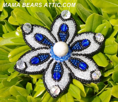 MBA #5612-323 "Black, Clear Luster & Blue Bead Flower Brooch"
