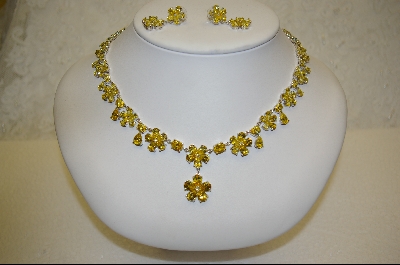 +MBA #CZY   "Yellow" CZ Floral Necklace W/ Matching Pierced Earrings