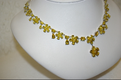 +MBA #CZY   "Yellow" CZ Floral Necklace W/ Matching Pierced Earrings
