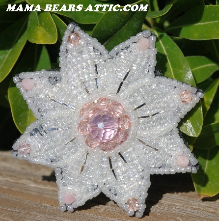 MBA #5614-0045 "Clear Luster, Pearl White & Pink Glass Bead Flower Brooch"