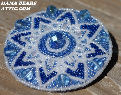 MBA #5614-0089  "Pearl White & Blue Glass Bead Round Brooch"