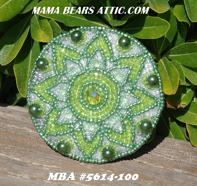 MBA #5614-100  "Metallic Green & Clear Luster Glass Bead Round Brooch"