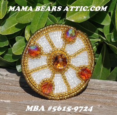 MBA #5615-9724  "Gold, Clear Luster & Amber AB Glass Bead Round Brooch"