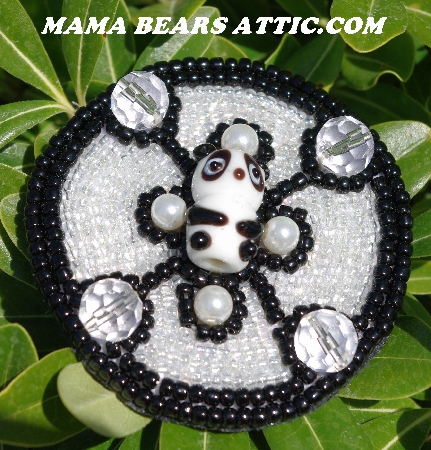 MBA #5615-9753  "Black & Clear Luster Panda Bear Round Glass Bead Brooch"