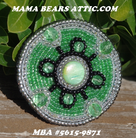 MBA #5615-9871  "Silver, Green & Black Glass Bead Brooch"
