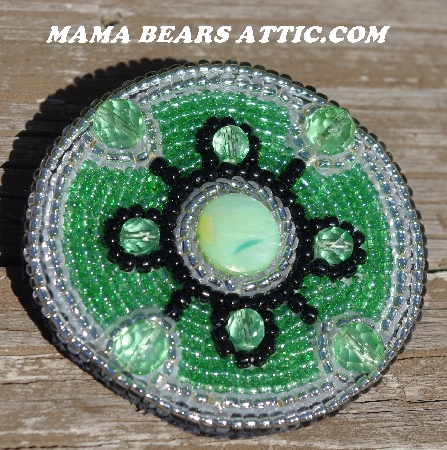 MBA #5615-9871  "Silver, Green & Black Glass Bead Brooch"