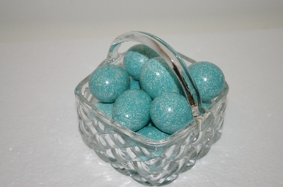 +MBA #11-070  1990's Glass Basket & 12 Hand Carved &  Painted Wooden Eggs