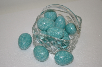 +MBA #11-070  1990's Glass Basket & 12 Hand Carved &  Painted Wooden Eggs