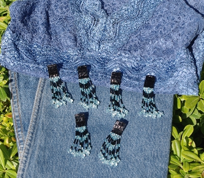 MBA #5631B-3383 "Blue & White Set Of 6 Glass Bead Fringe Pins"