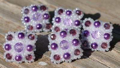 MBA #5632A-3491  "Purple & White Set Of 5 Glass Bead Mini Brooch Pins"