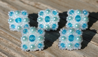 MBA #5632A-3520 "Aqua Blue & Pearl White Glass Bead Set Of 5 Mini Brooch Pin"