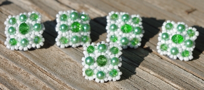 MBA #5632A-3543  "Green & White Glass Bead Set Of 5 Mini Brooch Pins"