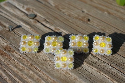 MBA #5632A-3614  "White & Yellow Set Of 5 Glass Bead Mini Brooch Pins"